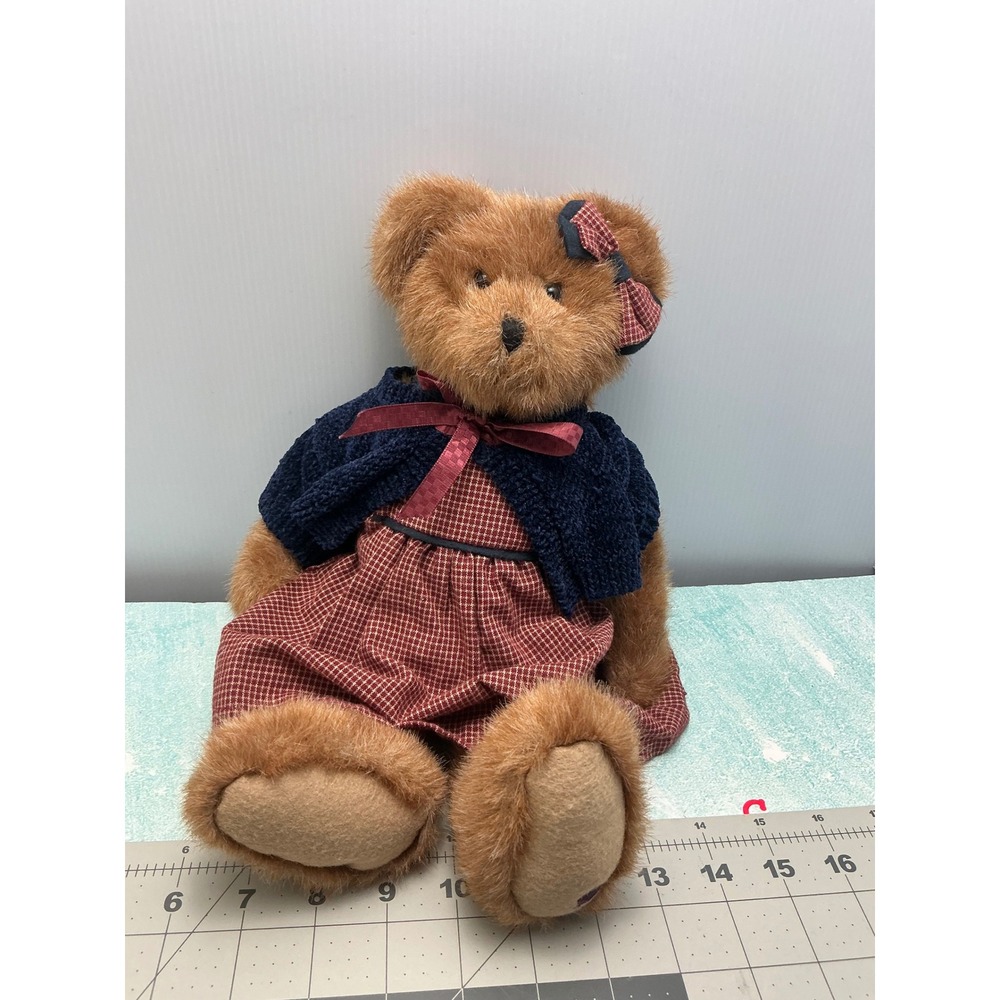 Vintage Style 14in Brown Plush Teddy Bear in Navy Cardigan and Gingham Dress